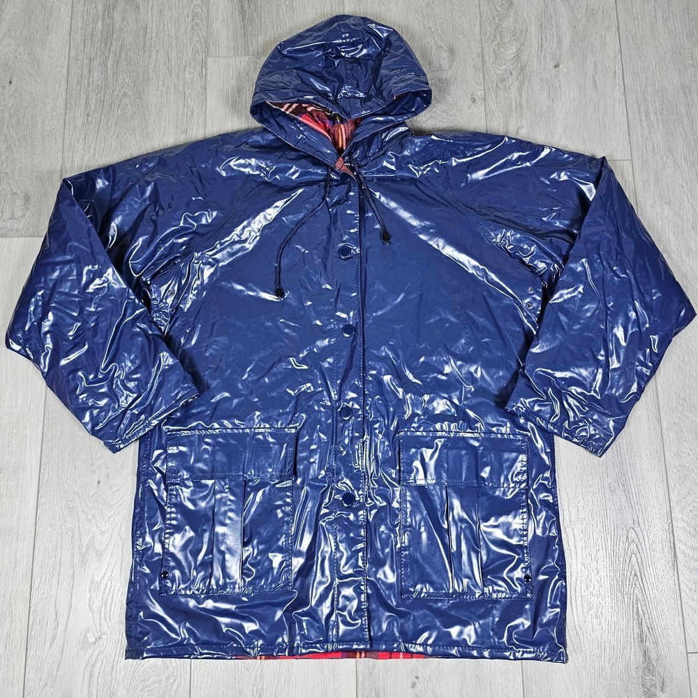 Vintage Slippery When Wet Raincoat Womens Medium Blue Vinyl Flannel Lined Snap